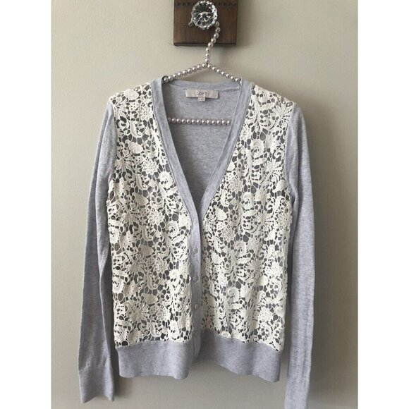 LOFT Womens Size M Cardigan Sweater Button Front Gray White Lace Crochet Front - Picture 1 of 5